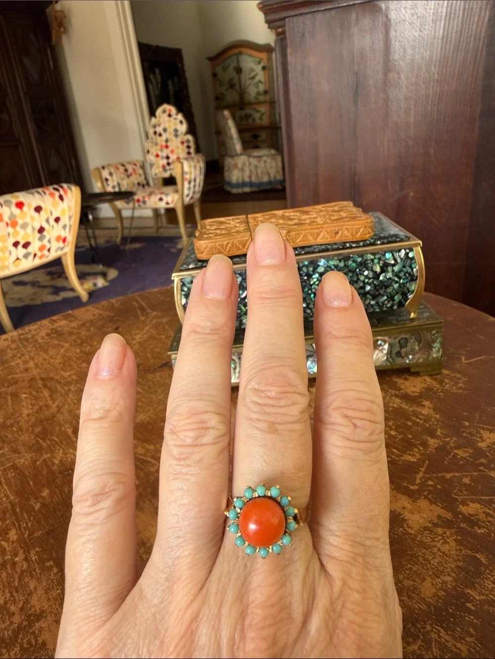 Vintage 14K Gold Sunburst ☀️Ring with Coral Center and Turquoise Halo
